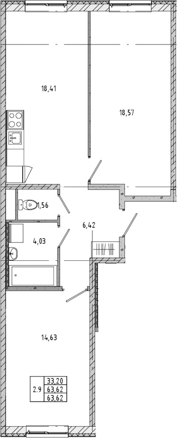 2-комнатная квартира 63.94 м², 1/12 эт., ЖК «Новые горизонты 2»